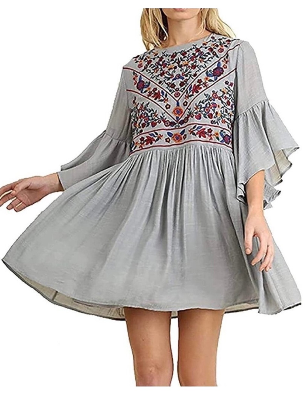 Umgee Dress Size S Gray Floral Embroidered‎ Chest Flutter Babydoll Mini Fairy